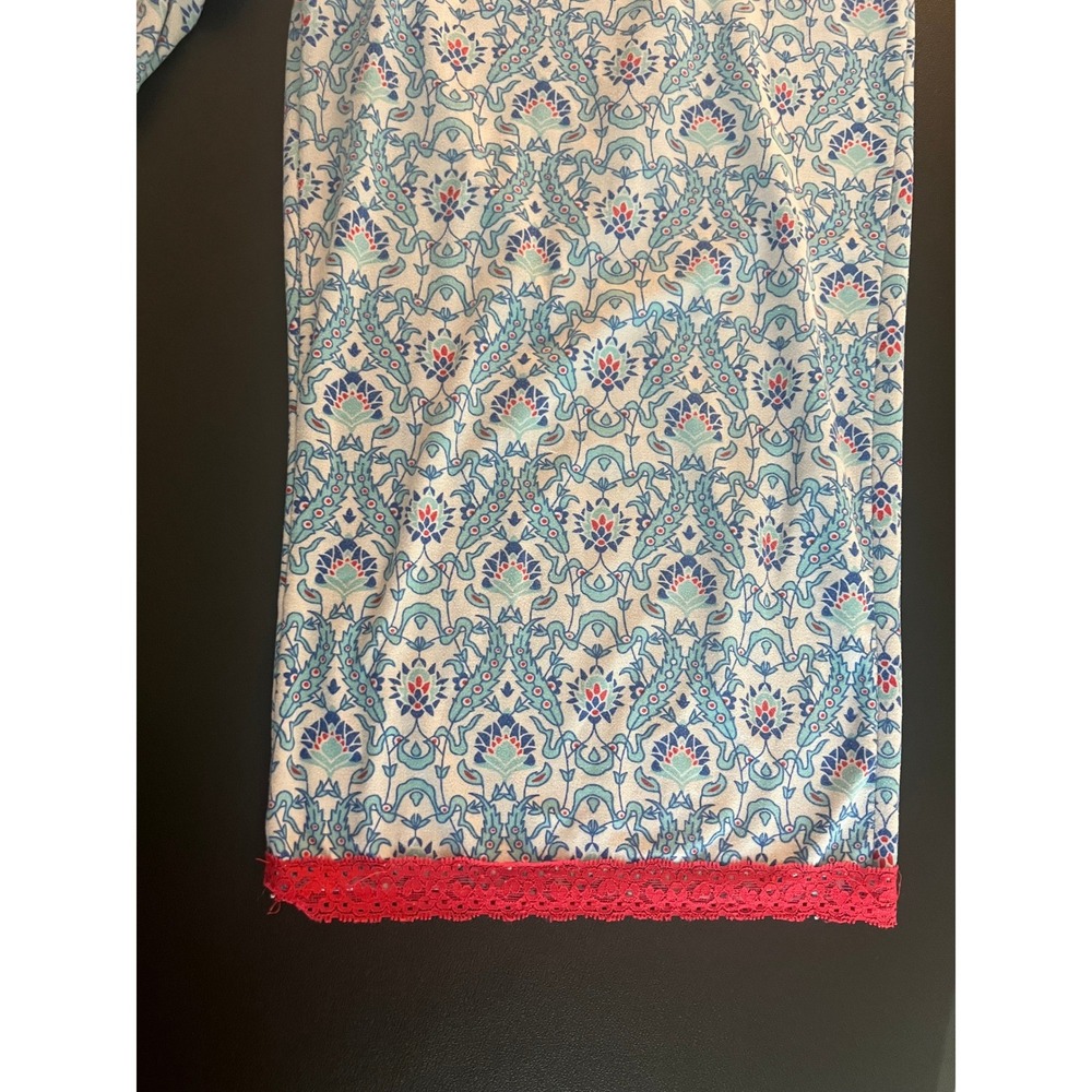 Blue Red Floral Damask Pajama Pants XL Lace Trim Lounge Crop Wide Leg RN 1194 - Picture 11 of 11